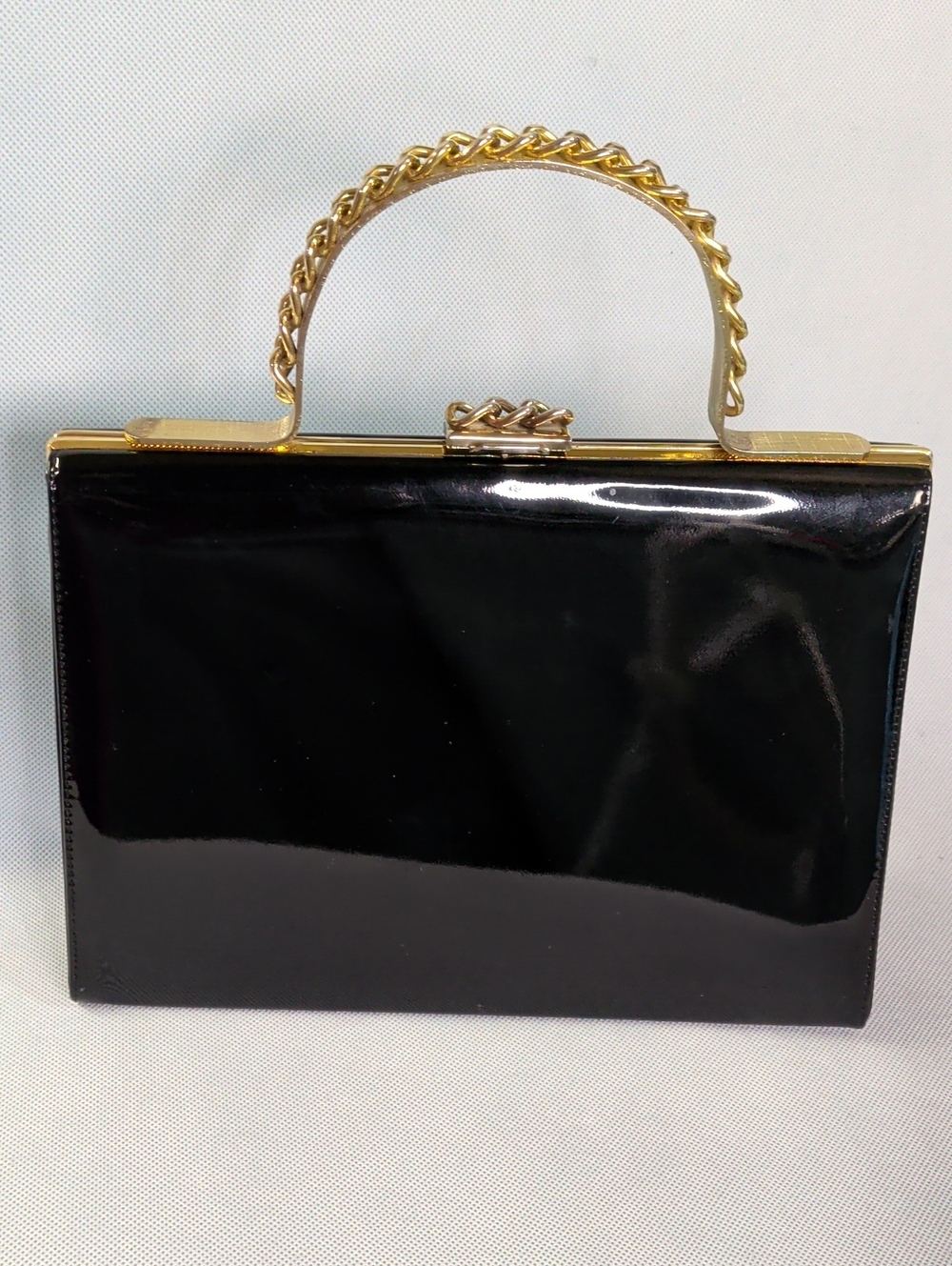 Classic Black Patent Wristlet Clutch with Gold Chain Handle